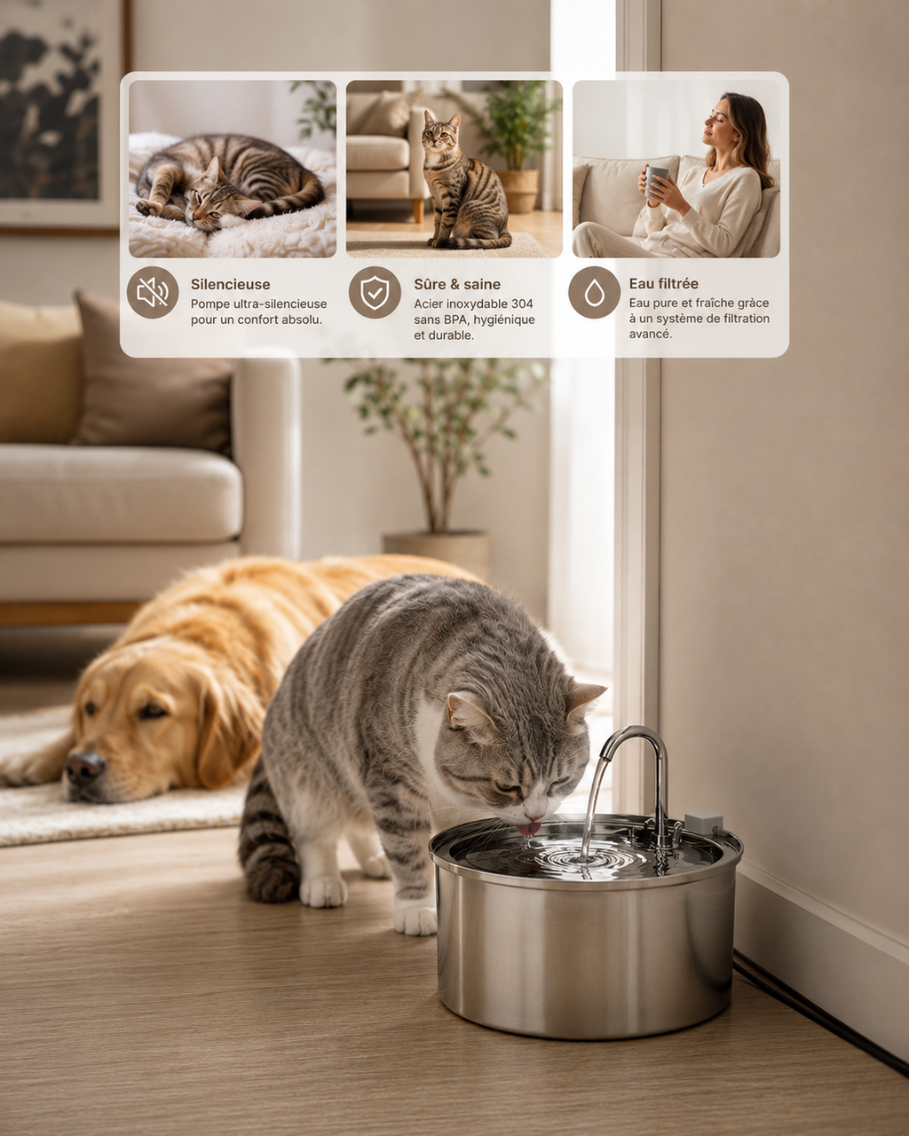 Fontaine à Eau Filtrée Inox pour Chat & Chien